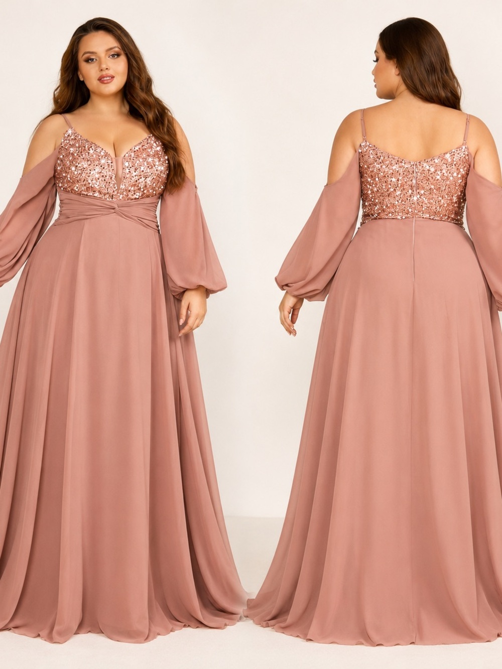Plus-Size Rose Taupe Sequin Bodice Cold-Shoulder Prom Dress
